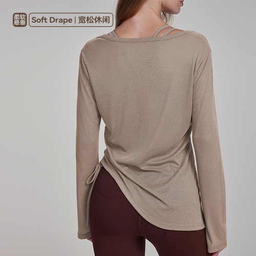Ningbo Big Tree Yoga Hooded Sweatshirt Long Sleeve Hip Covering Women Pleated Drawstring T-shirt Loose Casual Autumn Fitness Yoga Wear