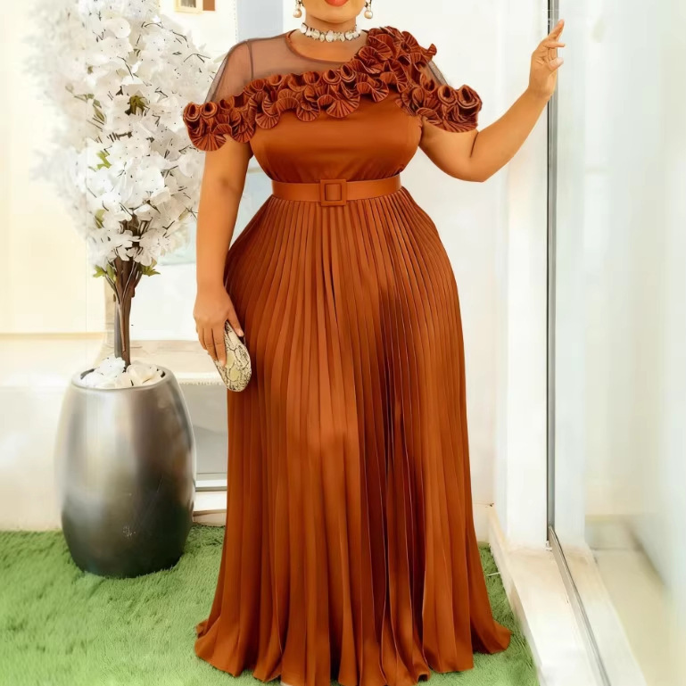 Plus Size Women's Mesh Splicing Ruffle Dress, Waist-Cinching Pleated Long Skirt, High-End Banquet Dress