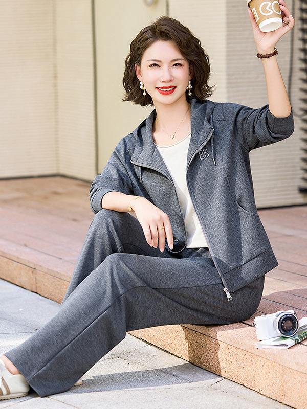妈妈装秋装连帽卫衣外套女时尚洋气质中老年女装休闲运动服两件套|undefined