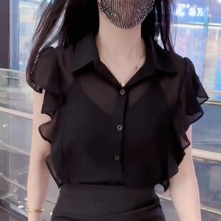 Flying Sleeve Tops, Shirts, Women's Hong Kong Style, Slim Outer Wear, Professional Wear, Short-Sleeved Fashion Trendy Polo Shirts
