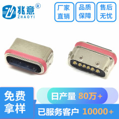 TYPE-C 6PIN粉末冶金防水母座 卧式板上两脚固定防水IPX7级锌合金