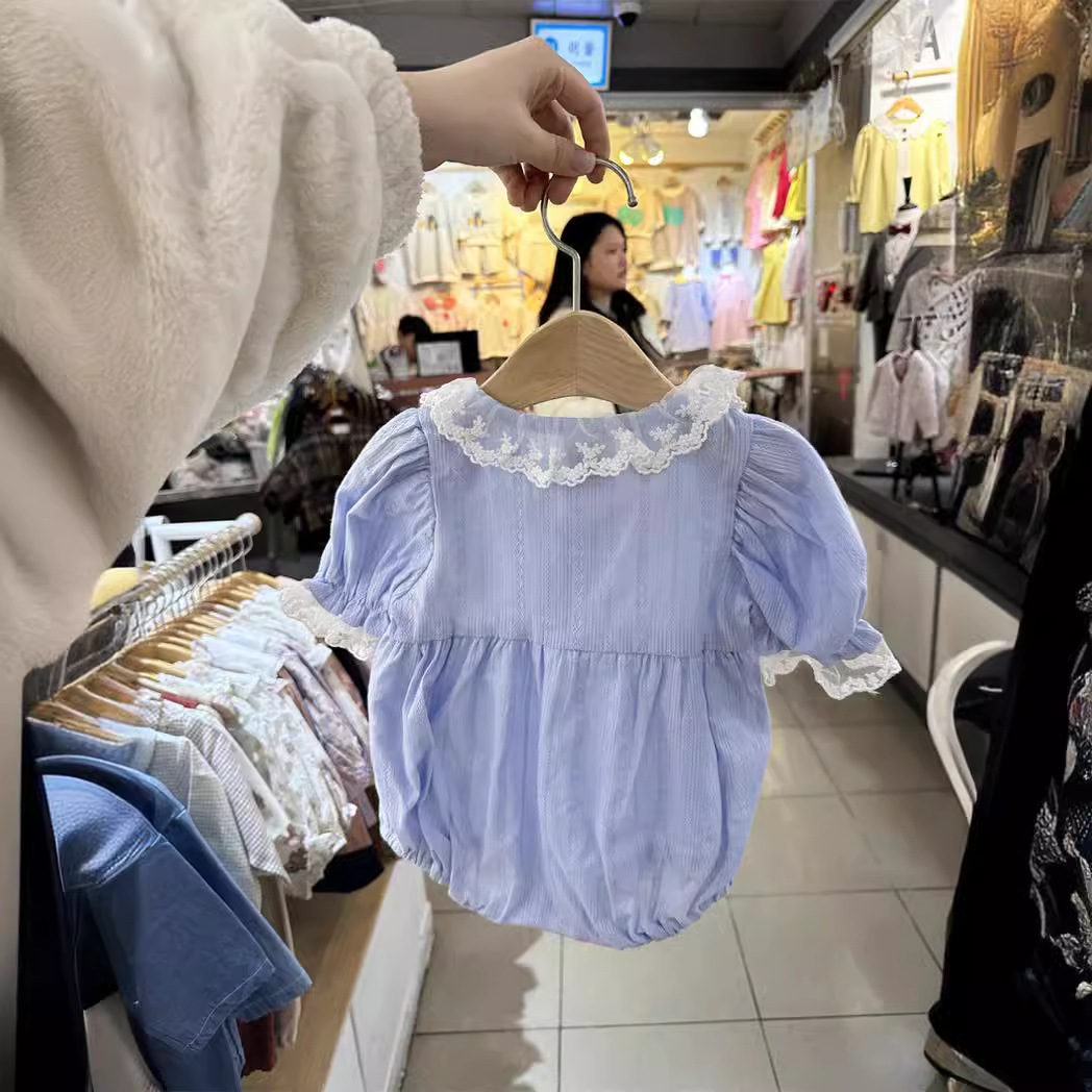 Niñas de encaje collar chaqueta de verano delgada camiseta de manga corta ropa infantil coreana ropa de verano ropa de bebé 20245 verano