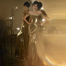 金色亮片一字肩新娘敬酒服主持人宴会成人礼鱼尾小众轻奢晚礼服女