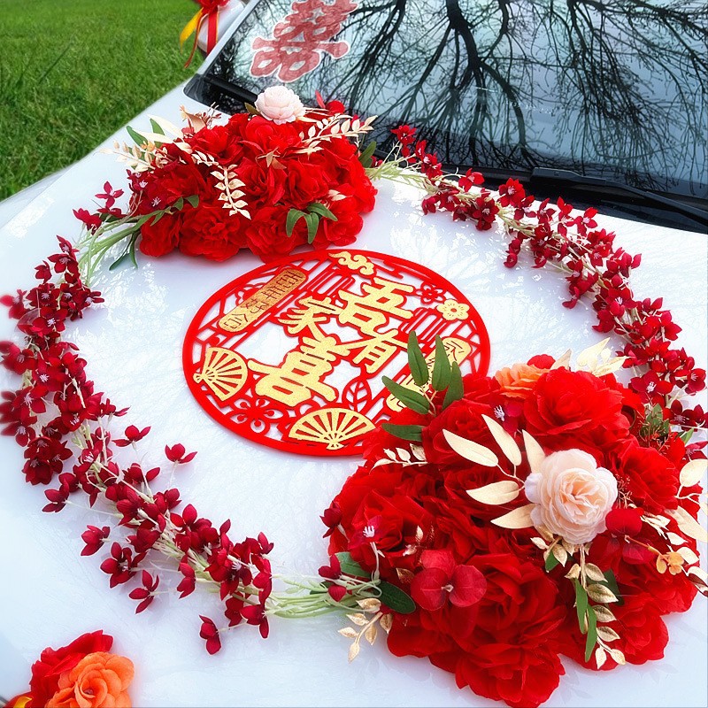 Wedding car decoration set, front flower host, wedding car, wedding float, Chinese forest style decoration, fleet latte flower simulation layout