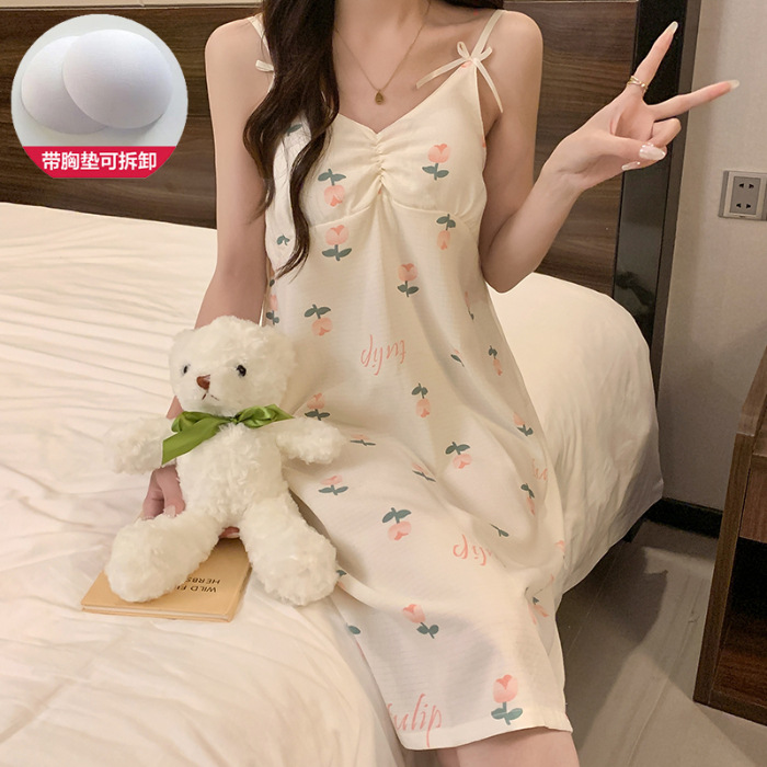 2024 verano con cojín de pecho espuma vestido de dormir mujer dulce vestido de suspensión estudiantes lindos dibujos animados ropa de casa de mujer al por mayor