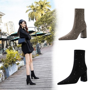 Short boots show thin and sexy pointed thick heel high heel suede shiny Rhinestone short boots