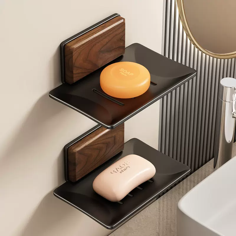 胡桃木卫生间肥皂盒浴室壁挂免打孔无痕家用沥水洗漱台收纳香皂盒