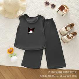 夏季新款女童冰丝无袖吊带套装洋气可爱卡通纯色背心两件套中小童