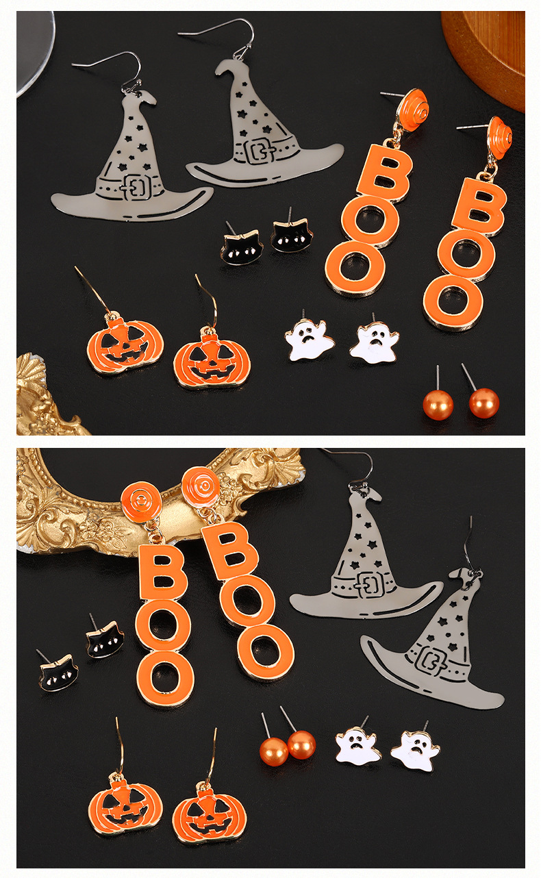 20g Weight Alloy Ear Needle Material Drop Earrings, Ear Studs Classification 1 Set Halloween Funny Classic Style Printing Pumpkin Letter Plating Alloy Drop Earrings Ear Studs