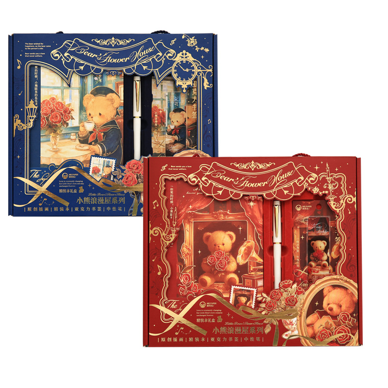 Mr. Paper Caja de regalo de tapa dura Little Bear Romantic House Juego de bloc de notas para estudiantes de dibujos animados Cuaderno de papelería de alto valor