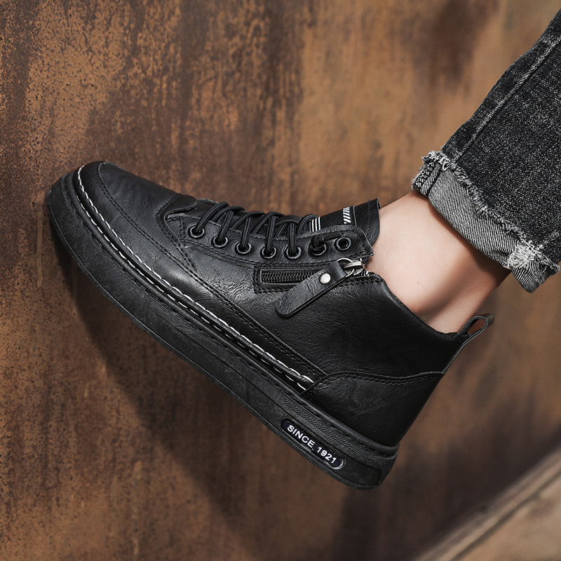 Otoño y invierno nuevos zapatos de skate de cuero de alto impacto de color sólido, zapatos de trabajo casuales de base plana, zapatos de hombre de moda sin lazos