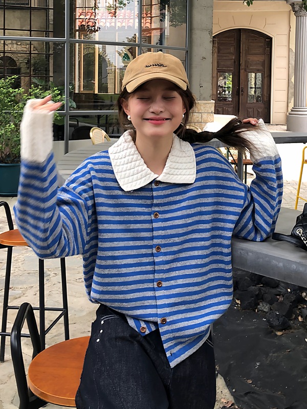 小香风条纹polo领长袖毛衣针织衫女早秋季慵懒松弛感穿搭外套上衣|undefined
