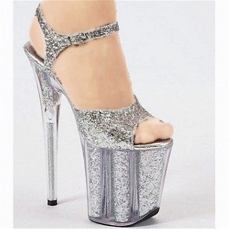 Sandallas nuevas plata transparente impermeable tablero de tacones de hebilla de tacones de sandallas de tacones de 20 cm