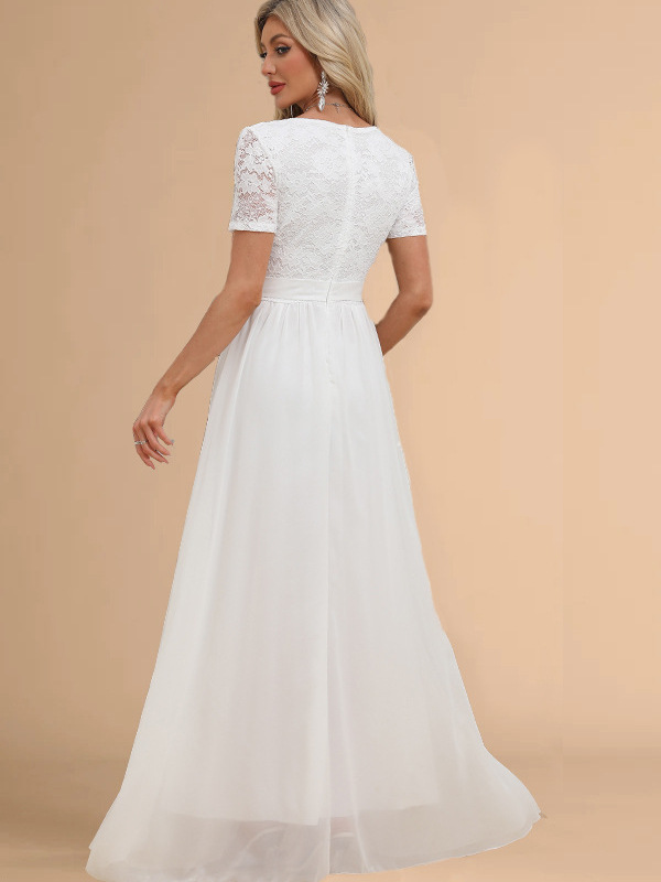 Europa y América Amazon 2025 borde de encaje costura cintura de gasa vestido largo con cuello en v vestido de novia vestido de noche image 5