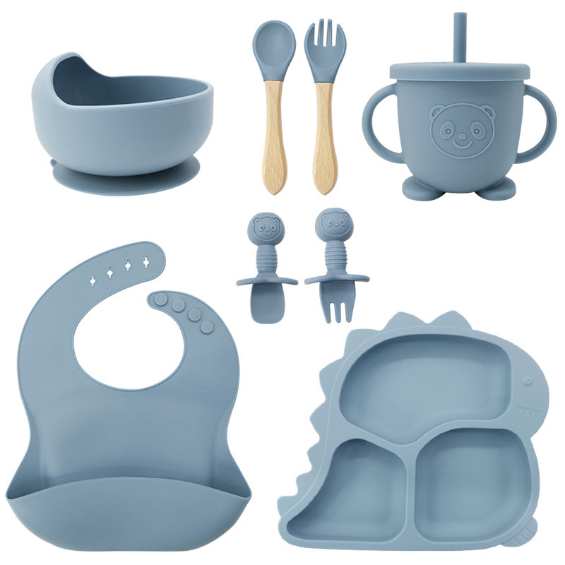Fábrica al por mayor cubiertos para bebés babecera de silicona platos de comida suplementarios dinosaurios niños comidas set de entrenamiento