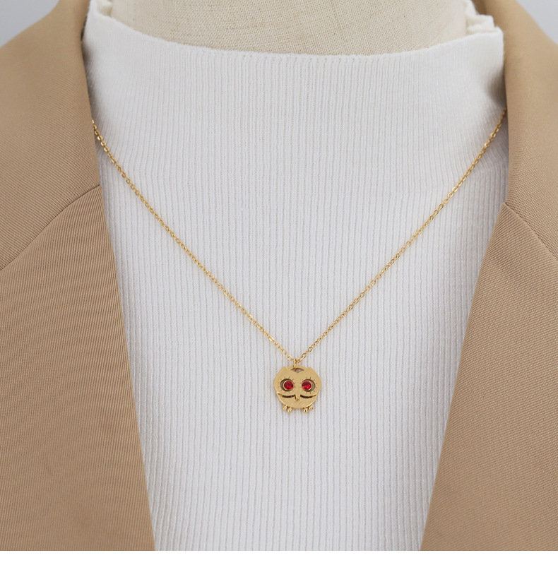 Retro Owl Titanium Steel Inlay Artificial Gemstones Pendant Necklace Colorza_colorza_5