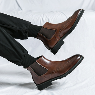 Cross Border Large Size Chelsea Boots High Top Martin Boots Men's Carved Short Boots Winter Men's Boots British Pointed Toe Men's Leather Boots