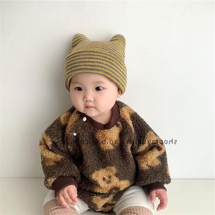 South Korea baby wool hat autumn and winter Boys and Girls cute super cute choker knitted Korean style striped pullover hat fashion