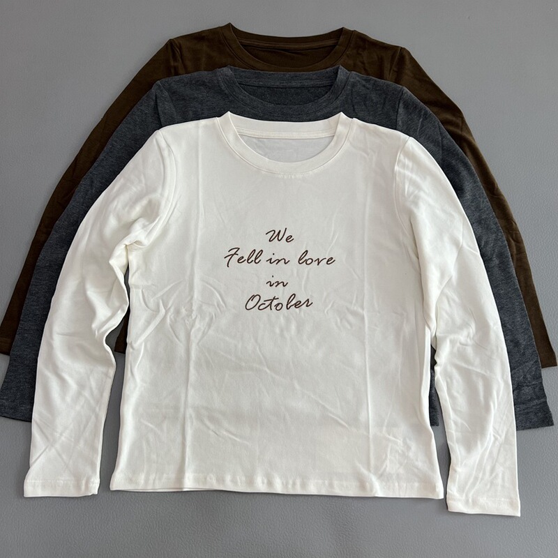 Lazy-style letter-embroidered long-sleeve autumn new casual T-shirt for women, round neck, slimming, breathable basic top Lazy-style letter-embroidered long-sleeve autumn new casual T-shirt for women, round neck, slimming, breathable basic top