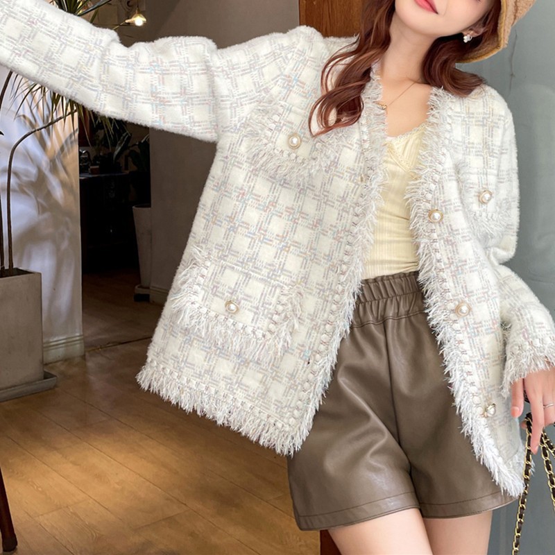 Otoño y invierno nuevo estilo francés dulce pequeño viento fragrante cardigan de punto de mujer imitación de bordillo de la camisa suave abrigo suelto chic
