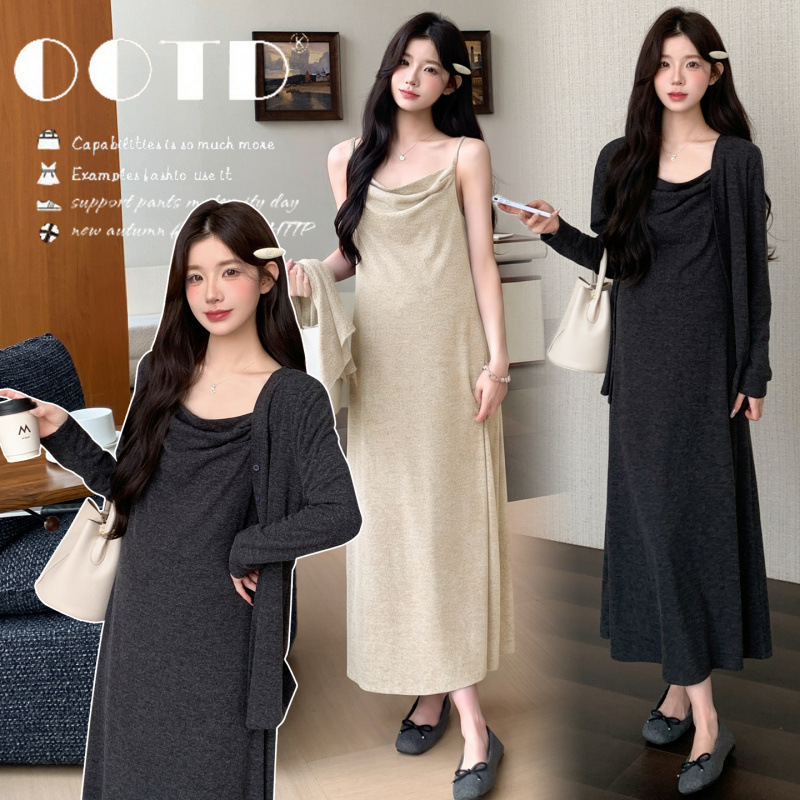 Maternity wear autumn outfit set 2026 new style: camisole dress + cardigan, elegant two-piece set for pregnant mothers going out Maternity wear autumn outfit set 2026 new style: camisole dress + cardigan, elegant two-piece set for pregnant mothers going out