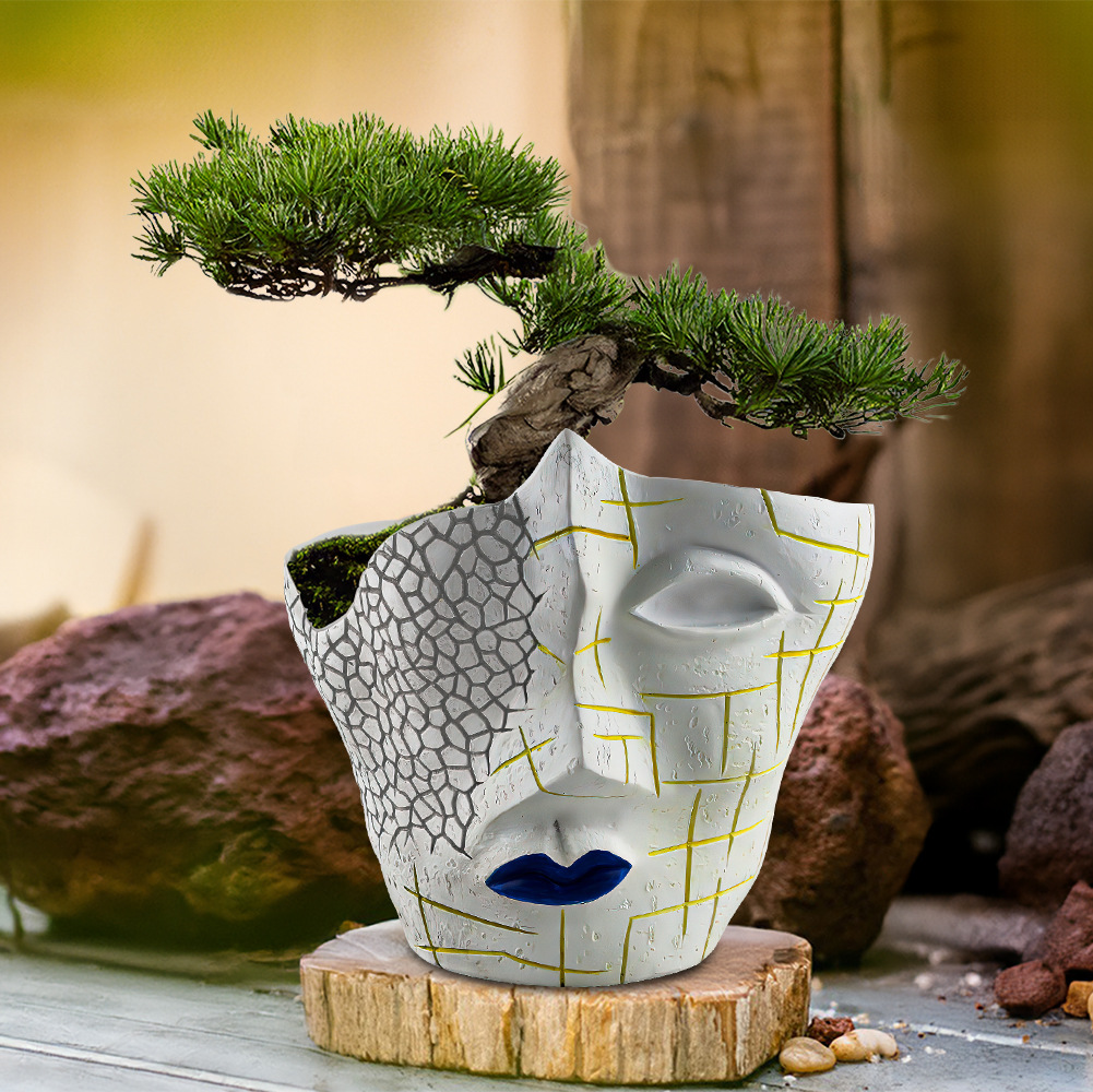  New Creative Face Crack Abstract Flower Pot Resin Craft Plant Potted Container Home Gardening Ornaments