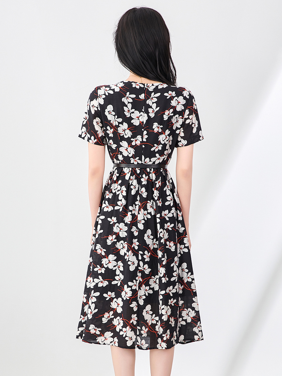 Váy maxi nữ tay ngắn thắt lưng chất liệu Tencel linen in họa tiết — Màu đen