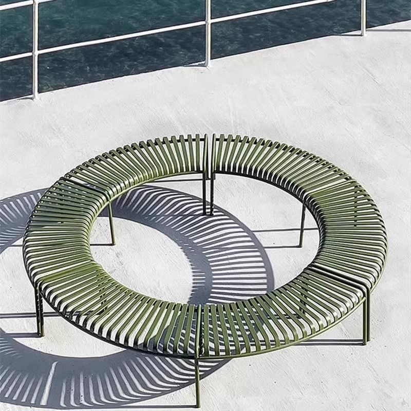 Park square courtyard terrace outdoor long bench, circular arc-shaped bench with backrest, pastoral style outdoor table and chair set
