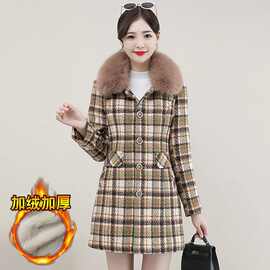 毛呢外套女新款加绒加厚时尚气质格子收腰显瘦中长款保暖大衣