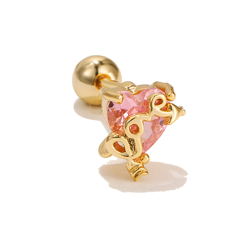 Pink Heart-Shaped Ear Studs Stainless Steel Rod Screw Piercing Heart-Shaped Earrings