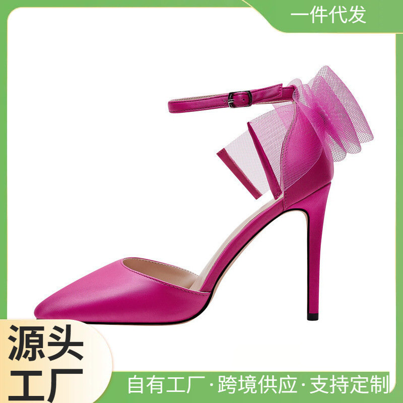 New Arrival Amazon Pointed High Heels Bow 2023 Foreign Trade Stiletto High Heels White pink Round Head
