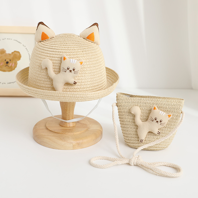 Lucky Cat Curly Straw Hat-Beige