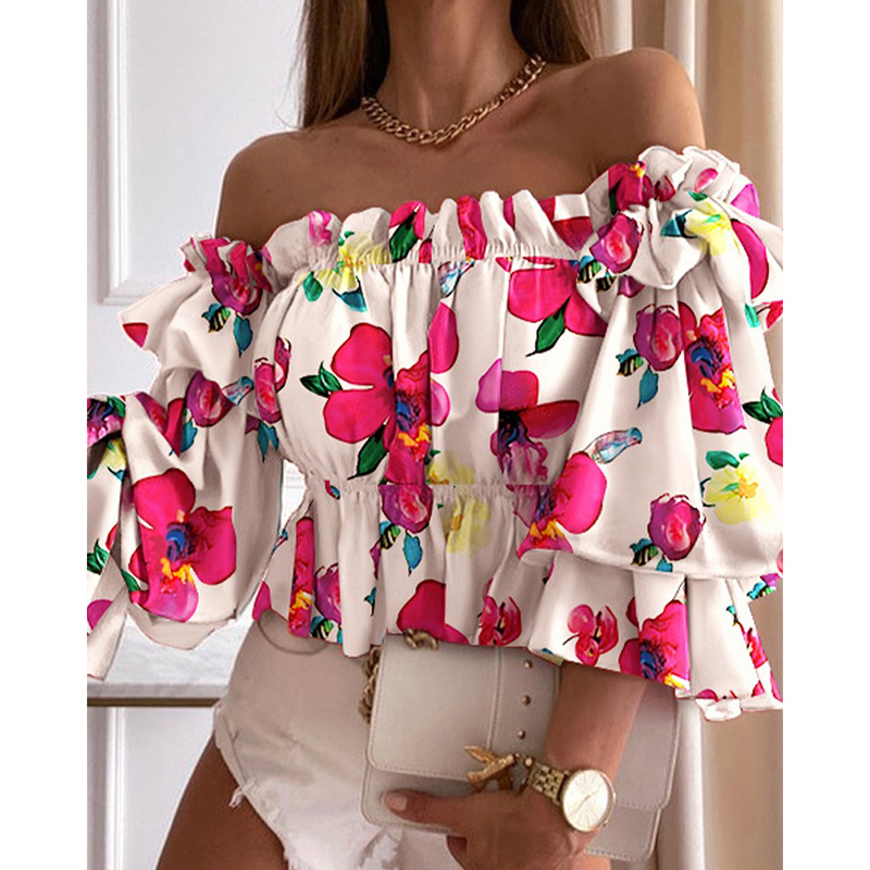 printed one-shoulder ruffle sleeve shirt nihaostyles clothing wholesale NSZH81598