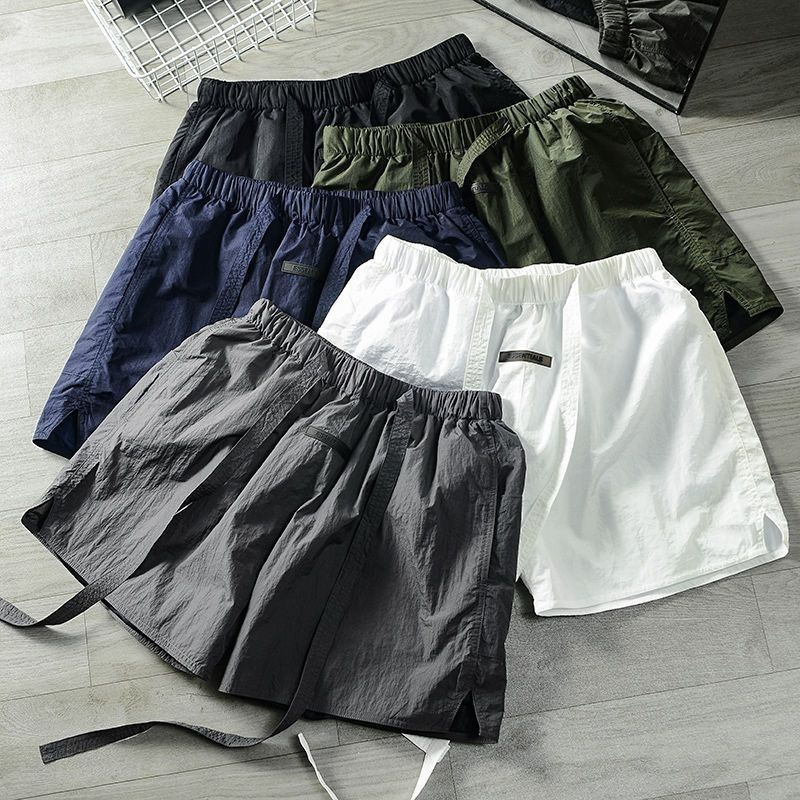 2023 new solid color double-layer mesh nylon Japanese functional quick-drying Sports beach shorts middle pants elastic waist tide