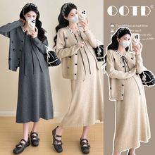 孕妇装秋冬新款毛衣开衫外套针织连衣裙温柔风甜美显瘦两件套女