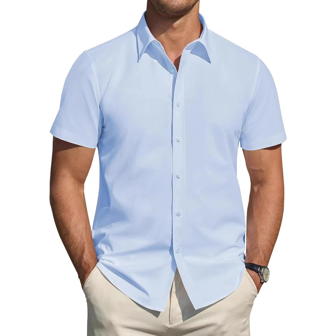 2025 European and American Men's New Summer Short-sleeved Solid Color Solid Color Men's Cardigan Casual Shirt Dress Shirt Men's Clothing