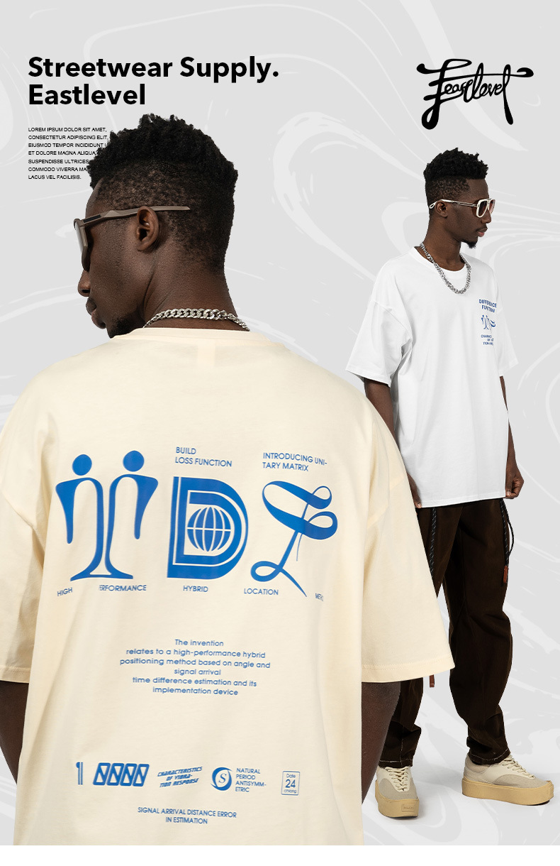 Vyriški trumpomis rankovėmis 220 g pavasario-vasaros medvilniniai laisvi marškinėliai paaugliams su kinišku abstrakčiu spaudiniu_voghion.com