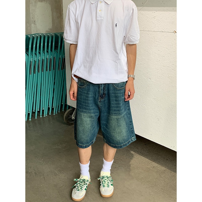 Summer American Vibe Style Splicing Design Denim Shorts for Men and Women, Loose High Street Wide Leg Versatile Mid-Length Pants Trendy