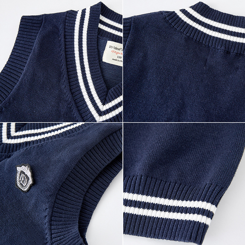 Primavera y otoño ropa para niños medianos y grandes con cuello en V chaleco suéter de giro uniforme escolar de la escuela primaria niños y niñas Chaleco de punto de entrega de una sola pieza