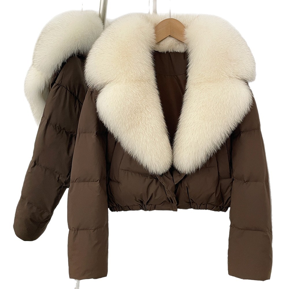 Elegant Short Down Jacket With Fox Fur Trim – Slim-Fit Winter Coat For Women, Detachable Hood & High-End Styling (Black/Brown Options, S/M Sizes)_voghion.com