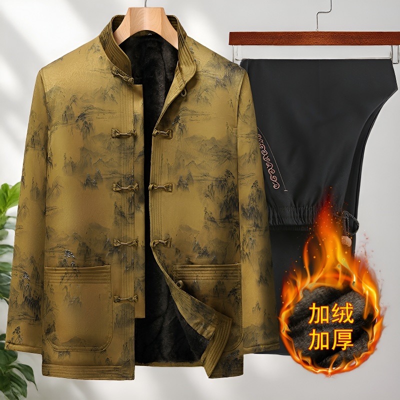 男士中老年人唐装秋冬盘扣长袖爷爷加绒加厚套装爸爸汉服棉衣