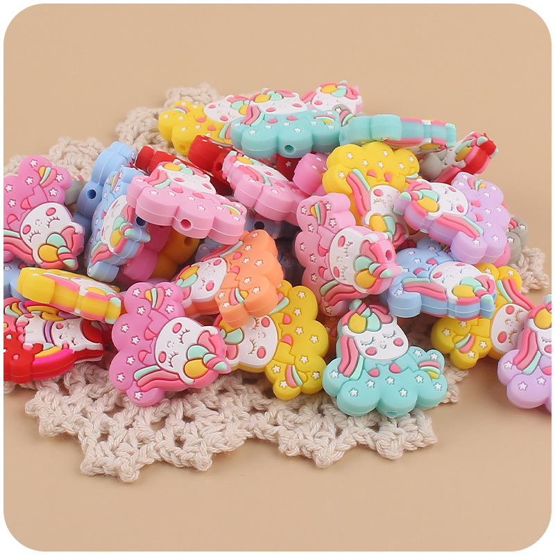 Nuevo bebé suministros dibujos animados lindo unicornio cuentas de silicona creativo DIY chupete cadena pulsera mordedor Accesorios