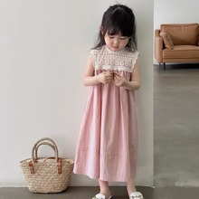 韩国童装女童连衣裙2024夏装裙子气质显白蕾丝拼接无袖公主裙