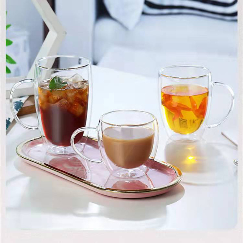 Venta al por mayor de borosilicato de doble capa taza de café con mango de vidrio taza de agua taza cuadrada taza de café de oro estándar taza de café perfumado té