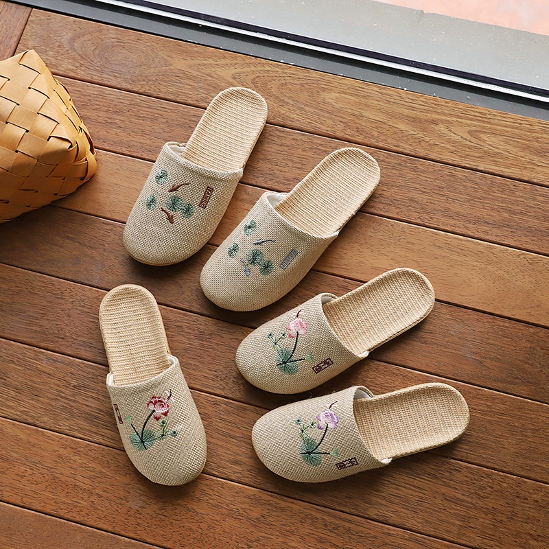 Новый китайский стиль Новые китайские льняные хлопчатобумажные холодные тапочки женские летние нескользкие легкие крытые туфли можно носить на улице