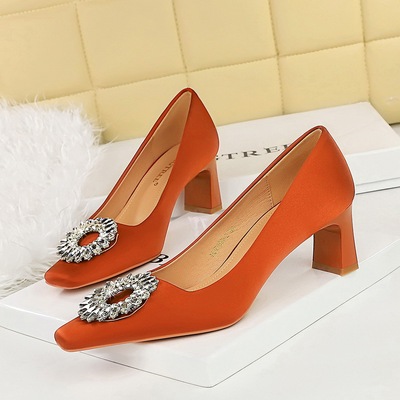 6186-K29 European and American Fashion Banquet High Heel Women&apos;s Shoes with Thick Heels, Satin, Shallow Mouth Squar