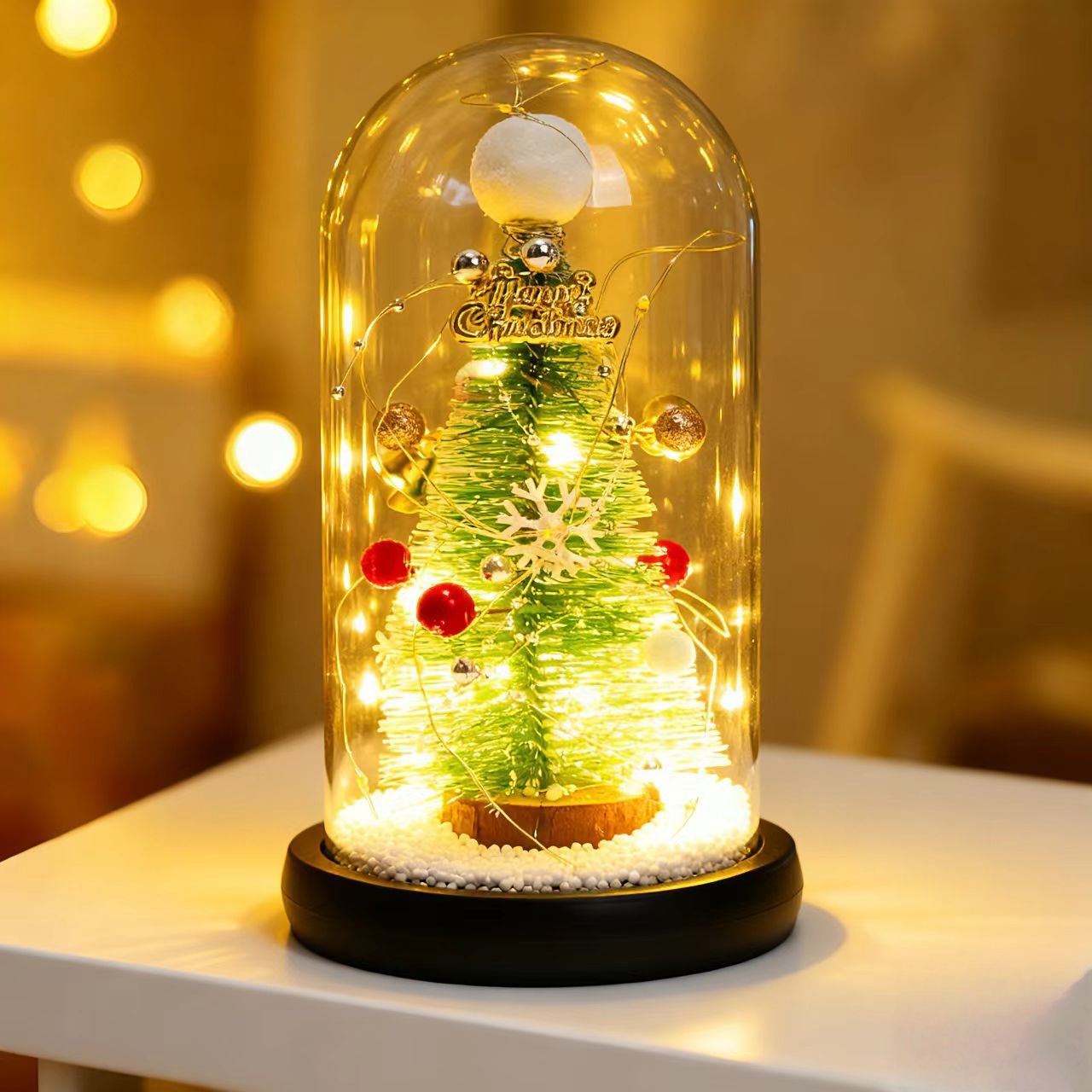 創意新品クリスマスプレゼントガラスカバークリスマスツリー装飾デスクトップ小置物ledライト発光オルゴール