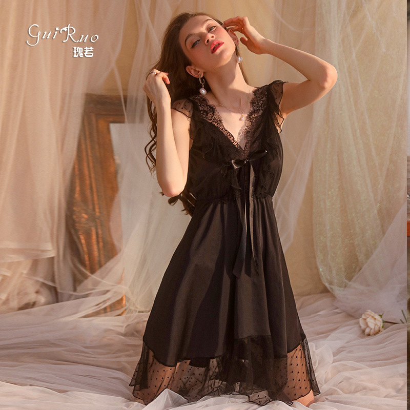 DZ瑰若欧美夏季透视蕾丝性感睡裙女V领低胸镂空家居服套装2535