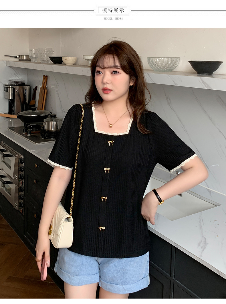 Talla grande mujer gorda mm manga corta camiseta verano 2025 nuevo 200 jin suelto máscara delgada cuello cuadrado top floral pic 9