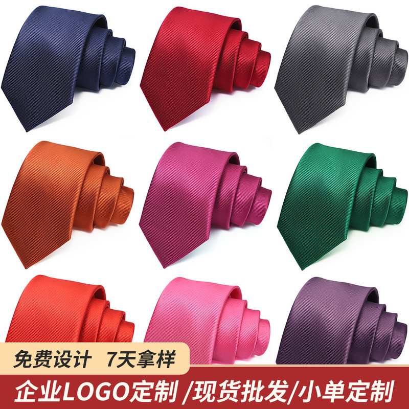 Cross-Border Men's Tie, Polyester Jacquard Hand-Tied Tie, 8cm, High-End Solid Color Tie, Custom Tie with Picture for Men